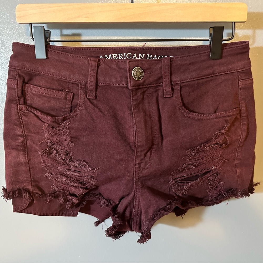 American Eagle Maroon Hi Rise Shortie Short Shorts